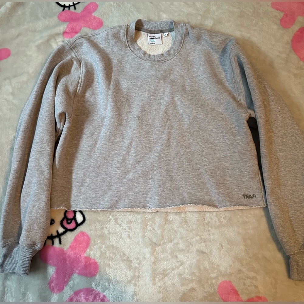 Aritzia TNA Cozy fleece perfect fit cropped Sweatshirt heather chrome grey